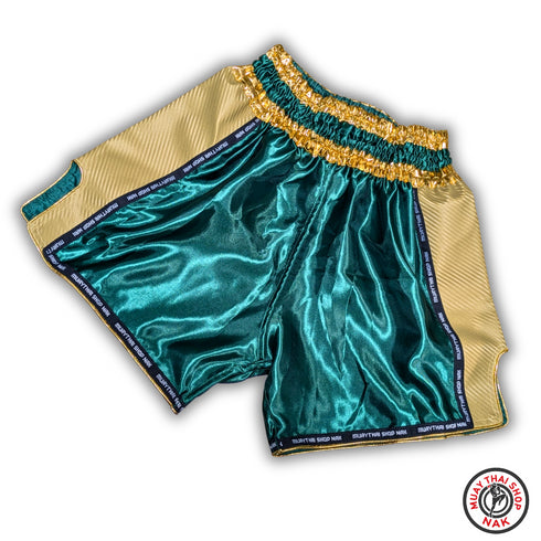 「オーダーキックパンツ(ショート丈)ダークグリーンxゴールド - 高品質なカスタムムエタイパンツ」