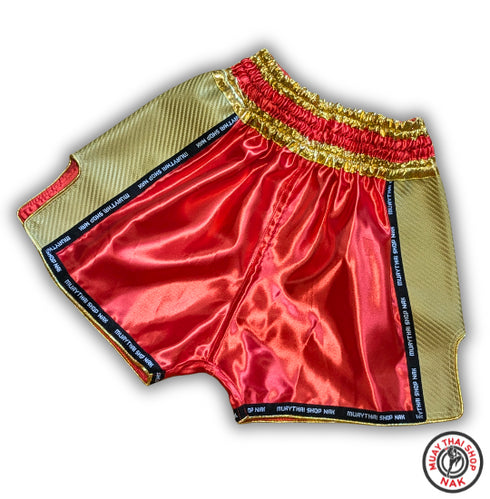 オーダーキックパンツ(ショート丈)レッドxゴールド、サテン生地とSyntheticレザーを使用したカスタムパンツ