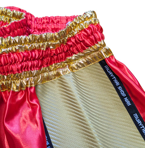 ムエタイショップNAKオリジナルのオーダーキックパンツ(ショート丈)レッドxゴールド、刺繍カスタム対応