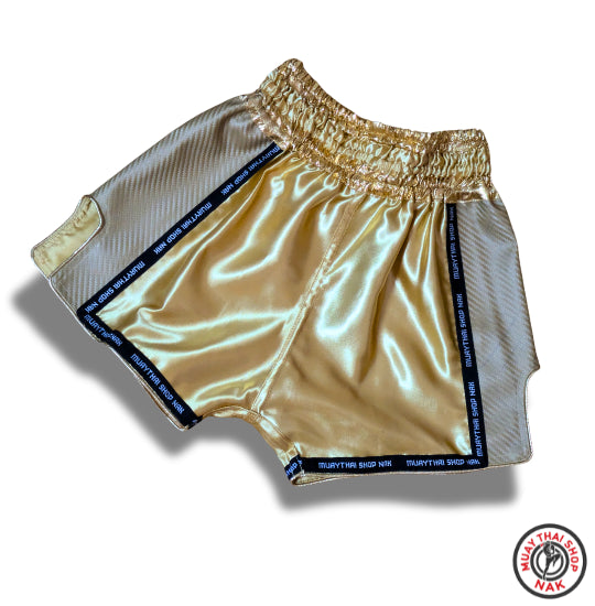オーダーキックパンツ(ショート丈)ゴールドxゴールド、サテン生地とSyntheticレザーを使用したカスタムパンツ
