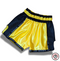 オーダーキックパンツ(ショート丈)イエローxブラック、サテン生地とSyntheticレザーを使用したカスタムパンツ