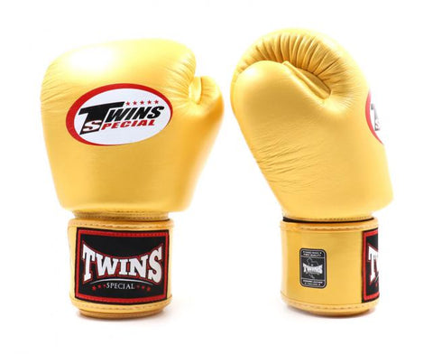 Twins Specialボクシンググローブ BGVL3、ゴールド、本革製、ムエタイ&キックボクシング対応