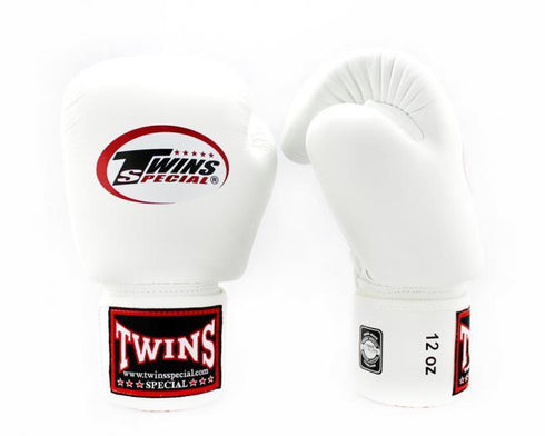 Twins Specialボクシンググローブ BGVL3、ホワイト、本革製、ムエタイ&キックボクシング対応