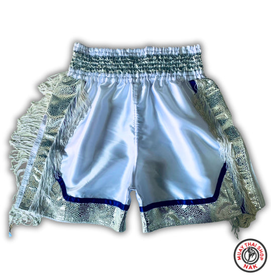 オーダーキックパンツ(ミドル丈)ホワイトxシルバー - ムエタイ・キックボクシング用カスタムパンツ