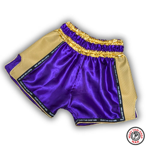 オーダーキックパンツ(ショート丈)パープルxゴールド、サテン生地とSyntheticレザーを使用したカスタムパンツ
