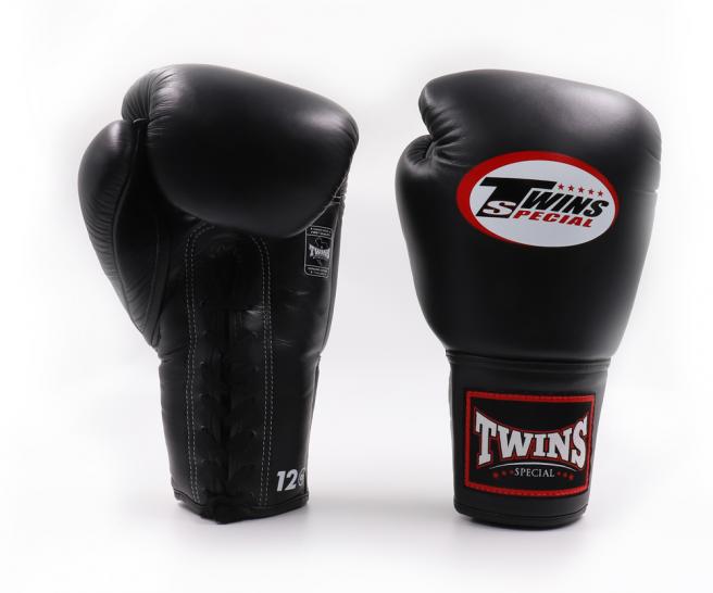 Twins Special ボクシンググローブ ひも式 本革製 ブラック 試合用・トレーニング用
