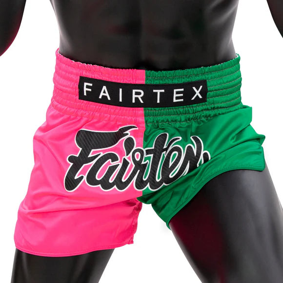 Fairtex BS1911パンツ、ピンク/グリーン、マイクロサテン素材、耐久性と高級感
